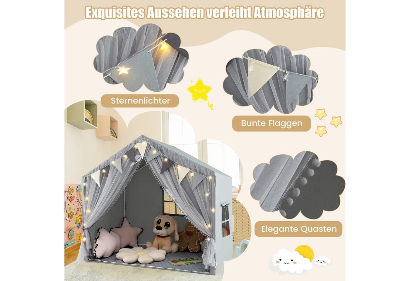 COSTWAY Spielzelt Kinderzimmer Grau mit Sternenlichtern