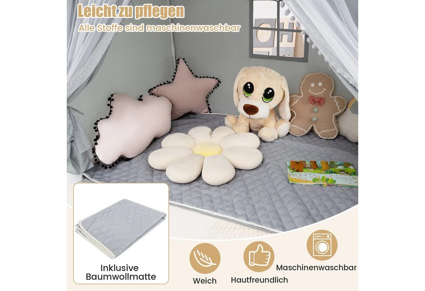 COSTWAY Spielzelt Kinderzimmer Grau mit Sternenlichtern - Bild 3