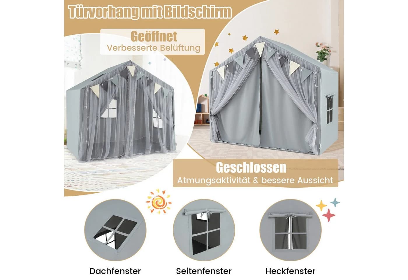COSTWAY Spielzelt Kinderzimmer Grau mit Sternenlichtern - Bild 4