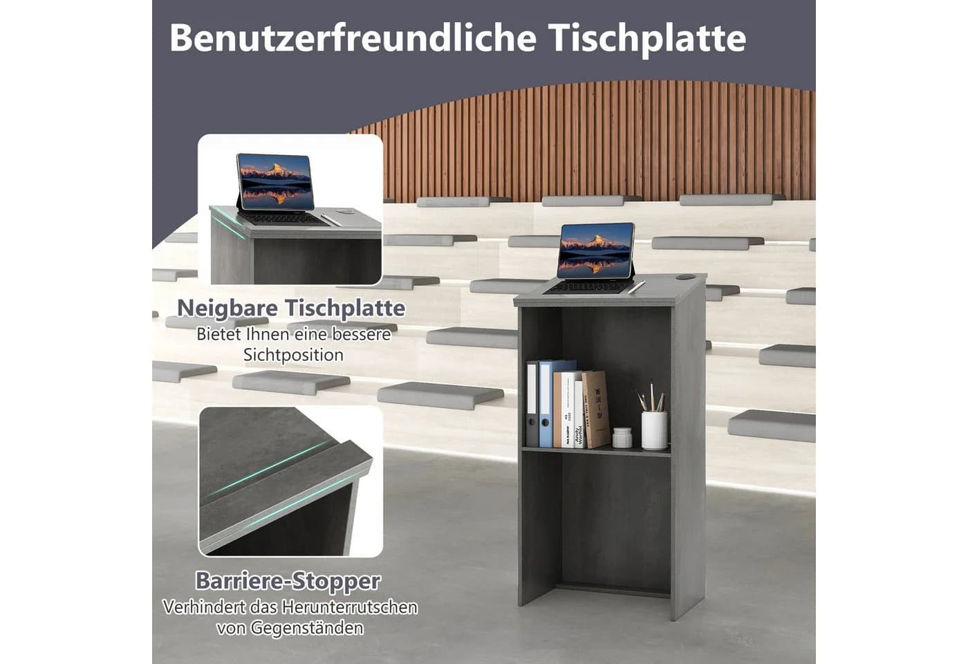 COSTWAY Stehpult Grau mit Ablagefläche und Kabeldurchführung - Bild 5