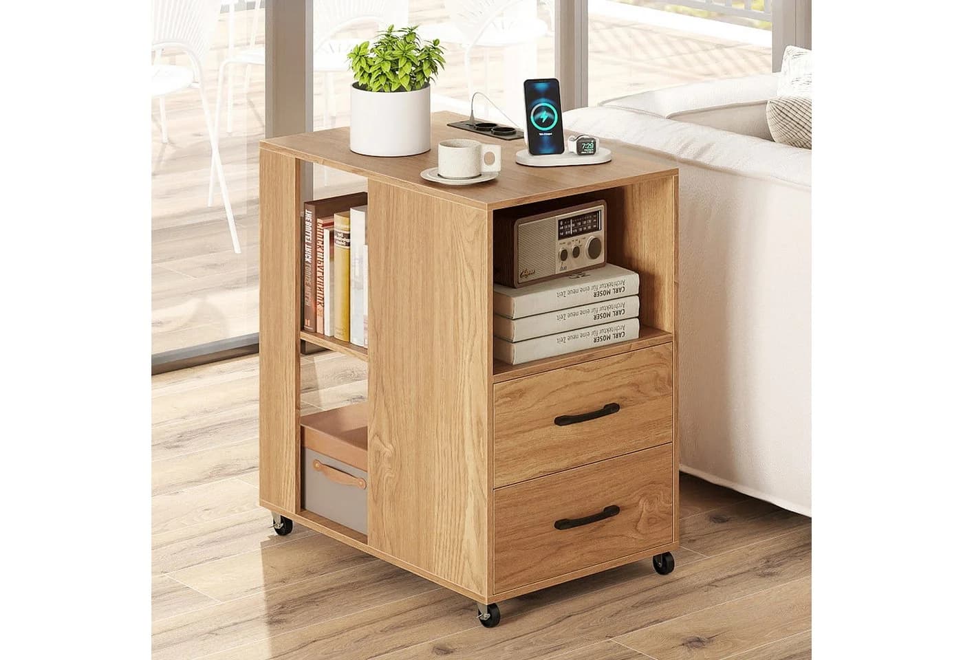 COSTWAY Beistelltisch mit Ladestation & Rollen, 2 Schubladen