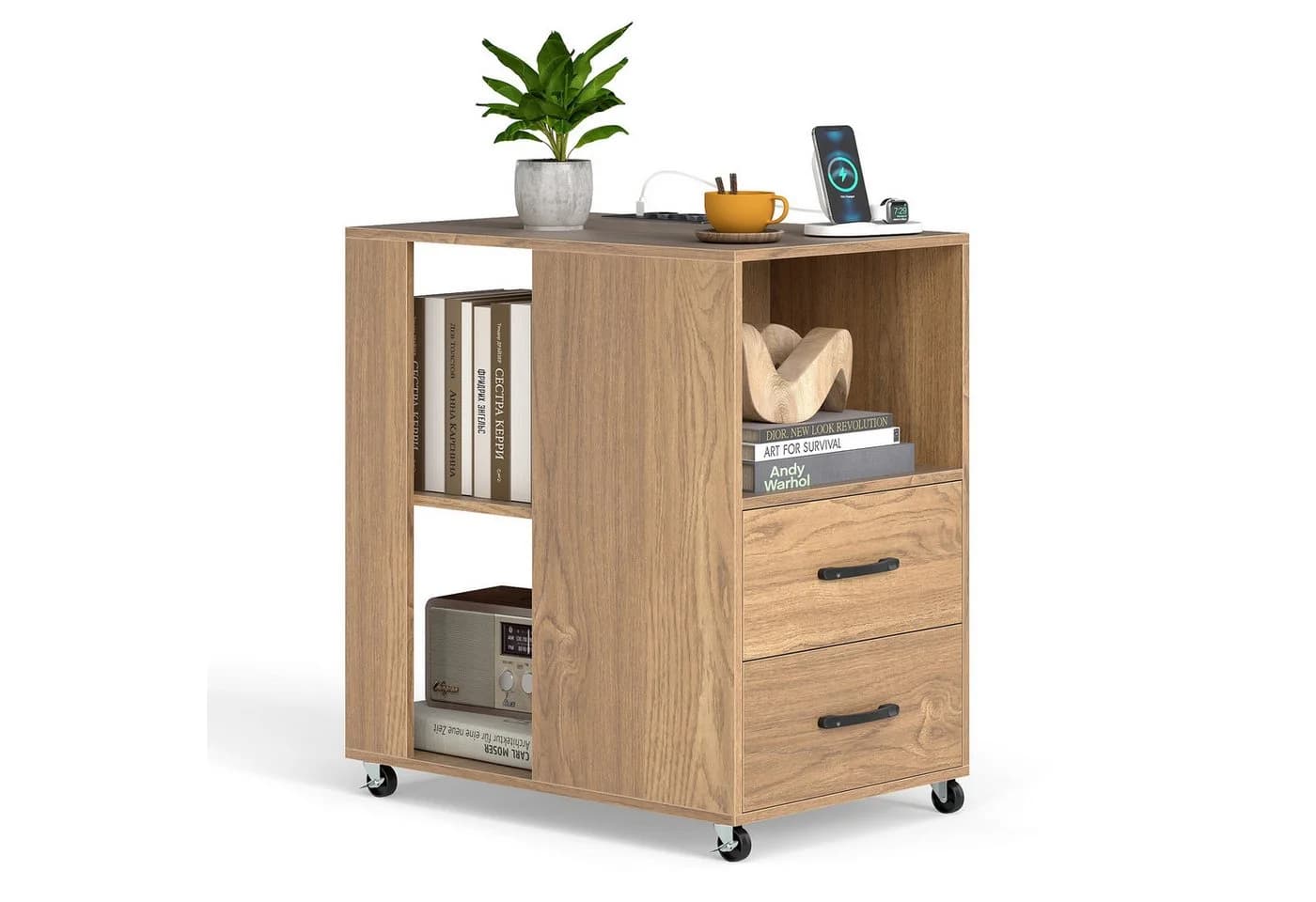COSTWAY Beistelltisch mit Ladestation & Rollen, 2 Schubladen - Bild 2