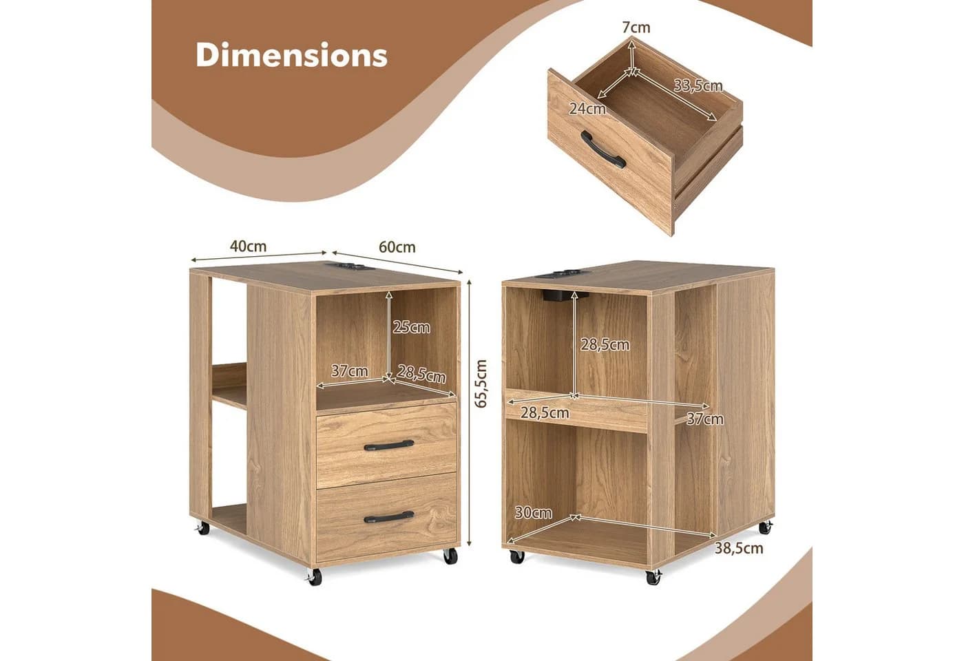 COSTWAY Beistelltisch mit Ladestation & Rollen, 2 Schubladen - Bild 3