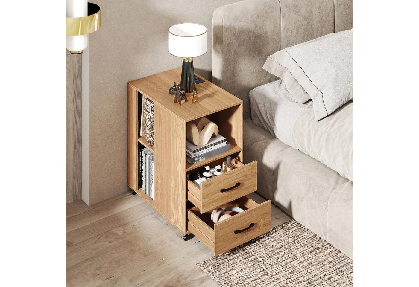 COSTWAY Beistelltisch mit Ladestation & Rollen, 2 Schubladen - Bild 4