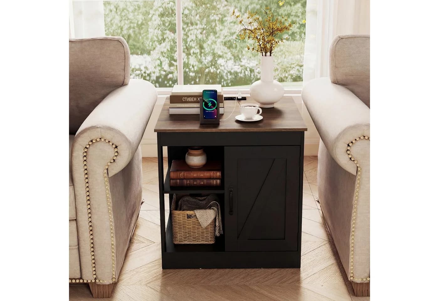 COSTWAY Beistelltisch mit Ladefunktion & verstellbarem Regal