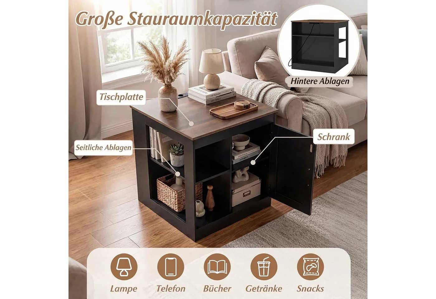 COSTWAY Beistelltisch mit Ladefunktion & verstellbarem Regal - Bild 4