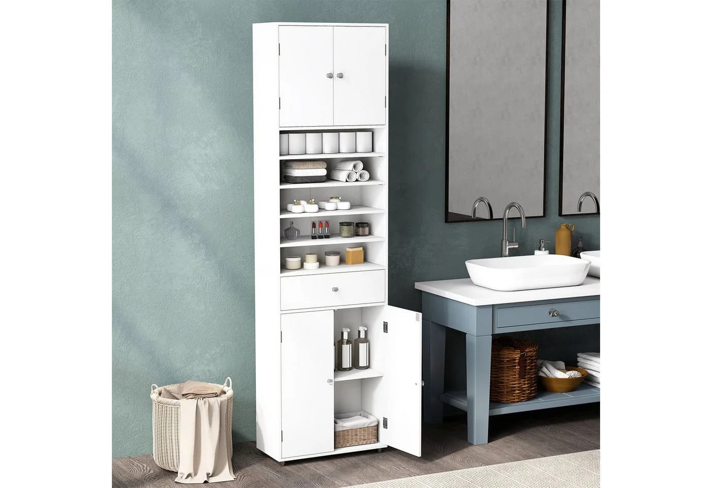 COSTWAY Badkommode Hochschrank 180 cm Weiß