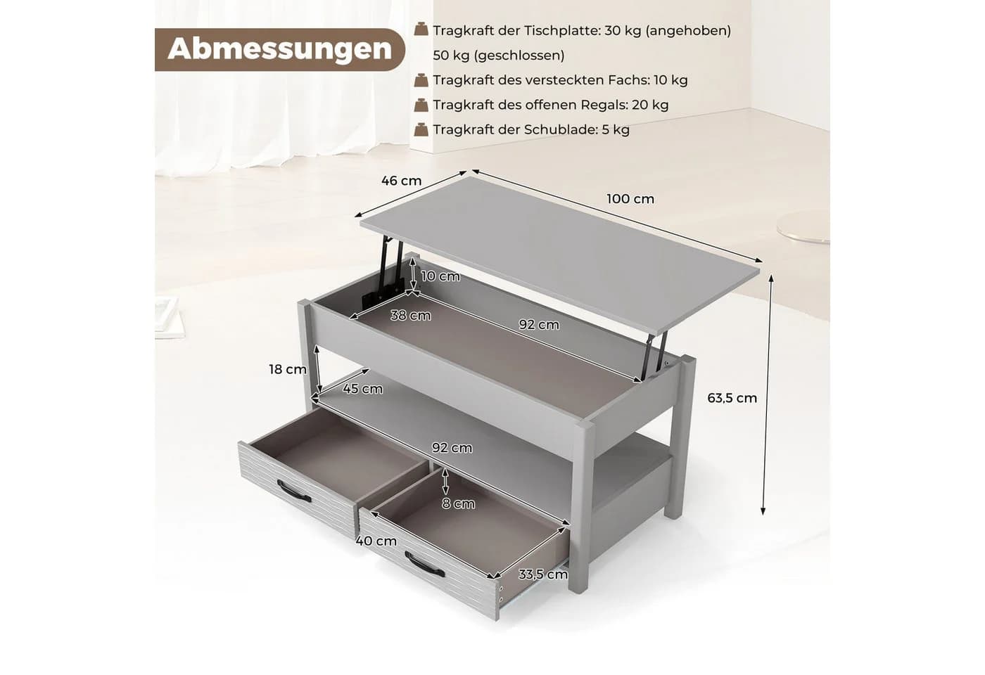 COSTWAY Couchtisch höhenverstellbar Holz - Bild 5
