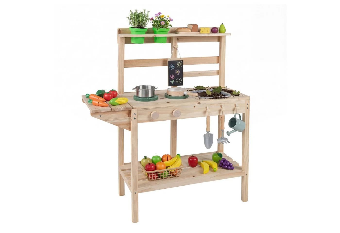 COSTWAY Outdoor-Spielküche Holz Spielküchelset mit Herd, Spüle, Blumentöpfen & Tafel - Bild 2