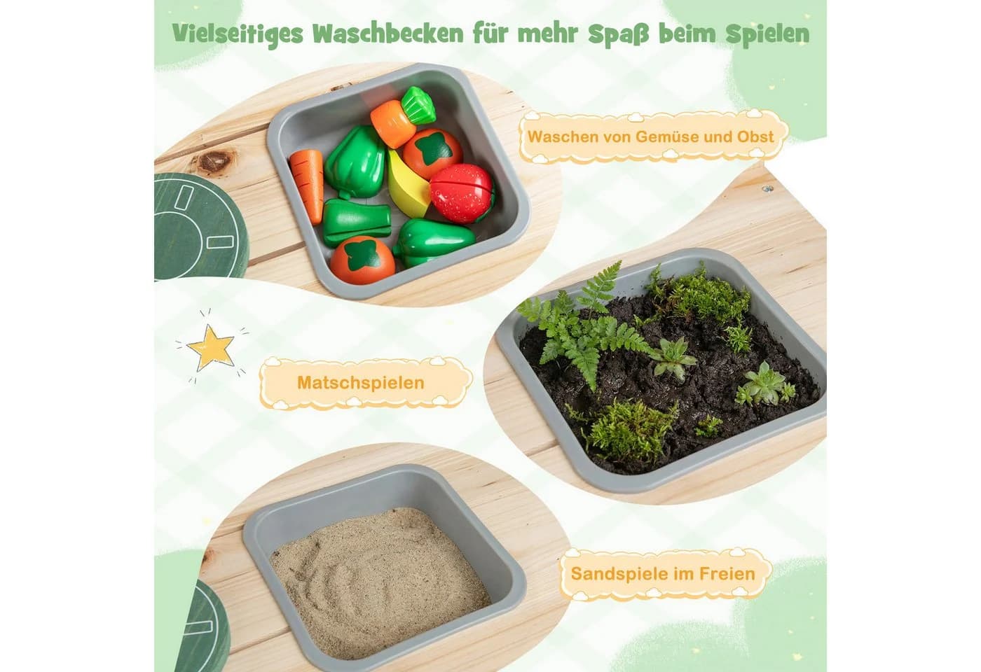 COSTWAY Outdoor-Spielküche Holz Spielküchelset mit Herd, Spüle, Blumentöpfen & Tafel - Bild 4