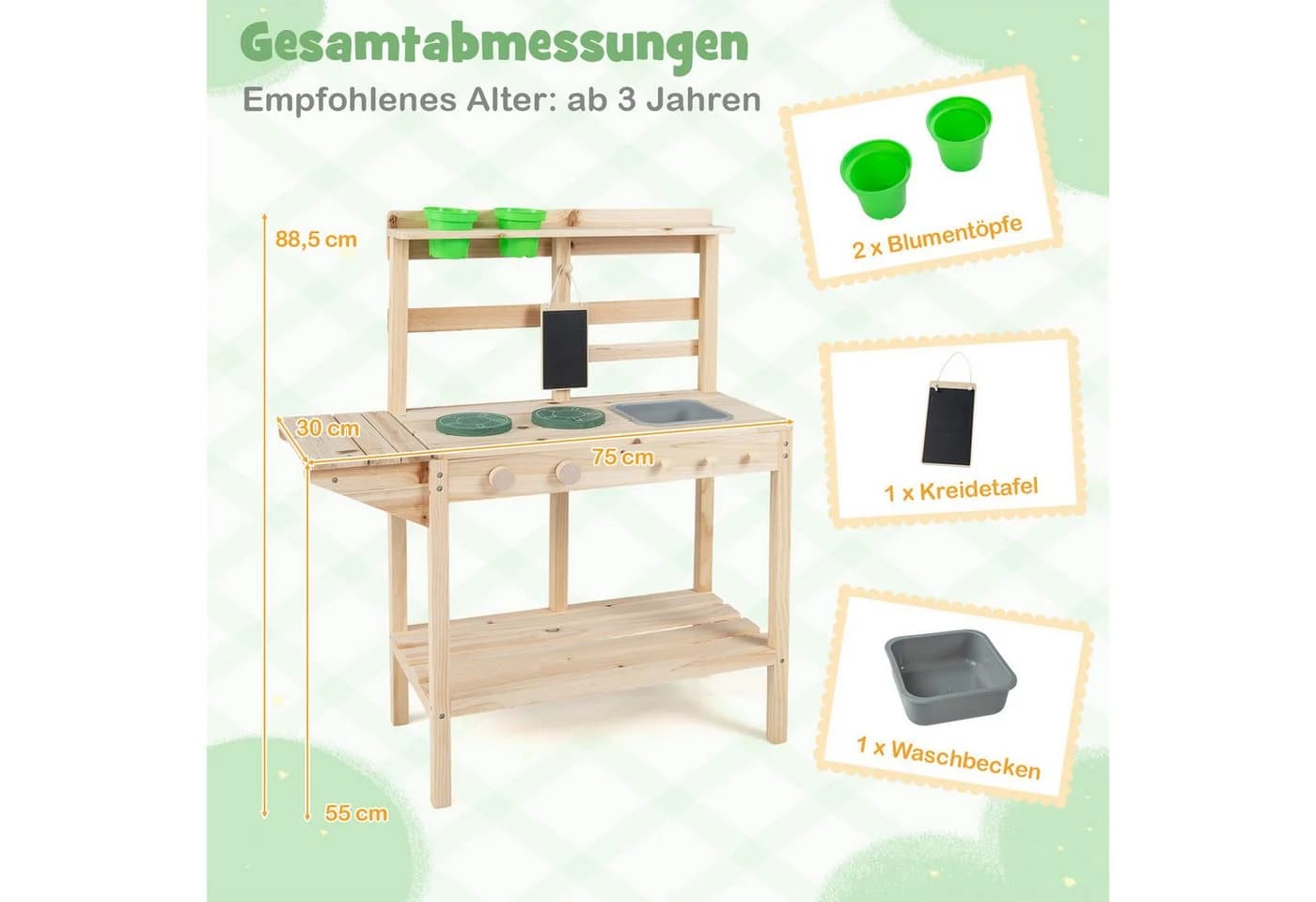 COSTWAY Outdoor-Spielküche Holz Spielküchelset mit Herd, Spüle, Blumentöpfen & Tafel - Bild 5