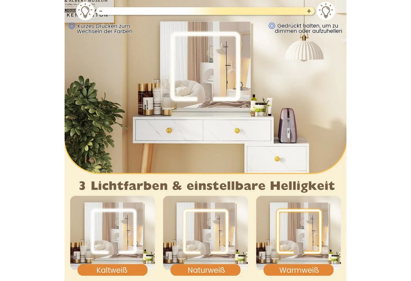 COSTWAY Schminktisch mit LED Spiegel, 5 Schubladen, Hocker Weiß - Bild 3