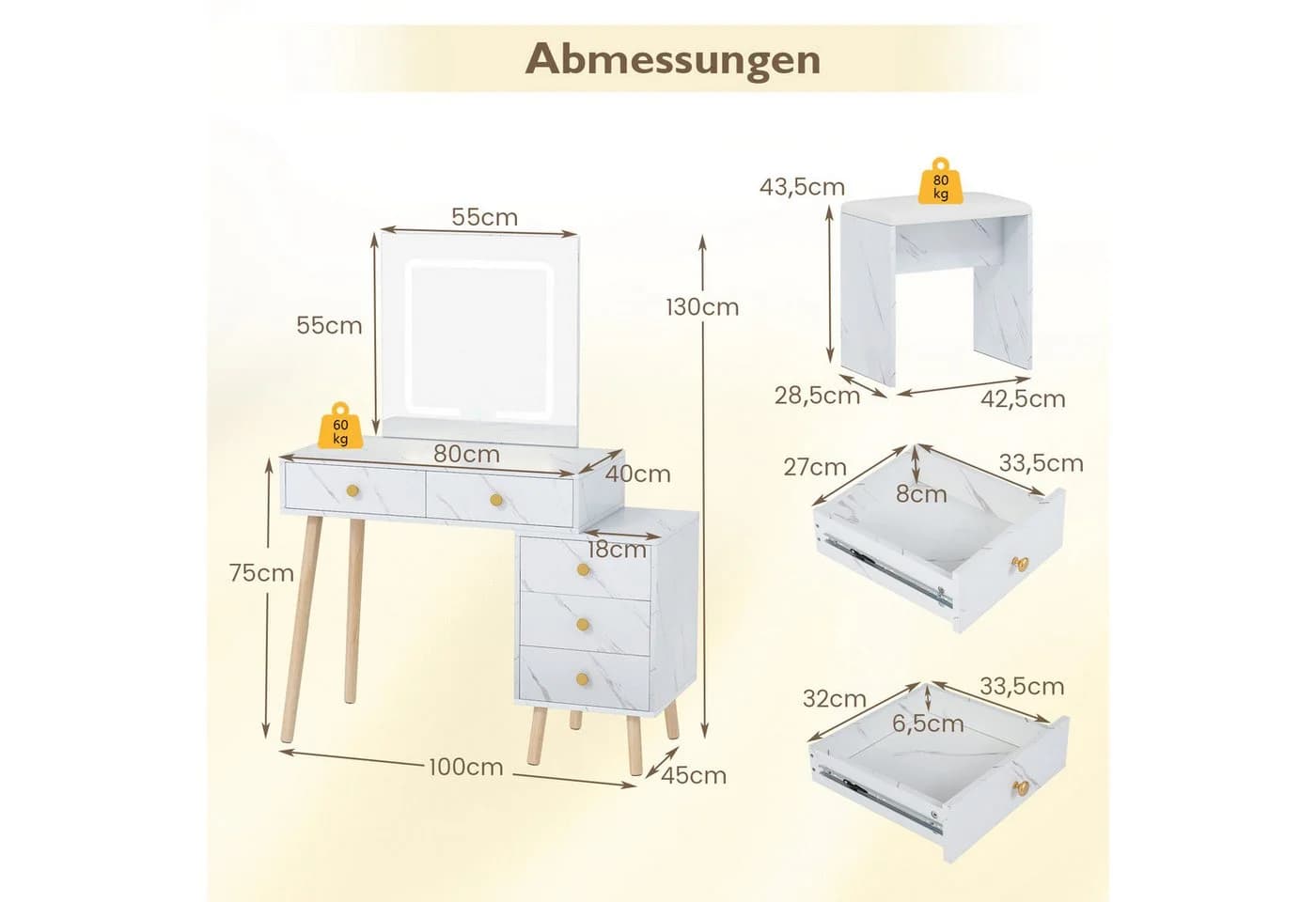 COSTWAY Schminktisch mit LED Spiegel, 5 Schubladen, Hocker Weiß - Bild 4