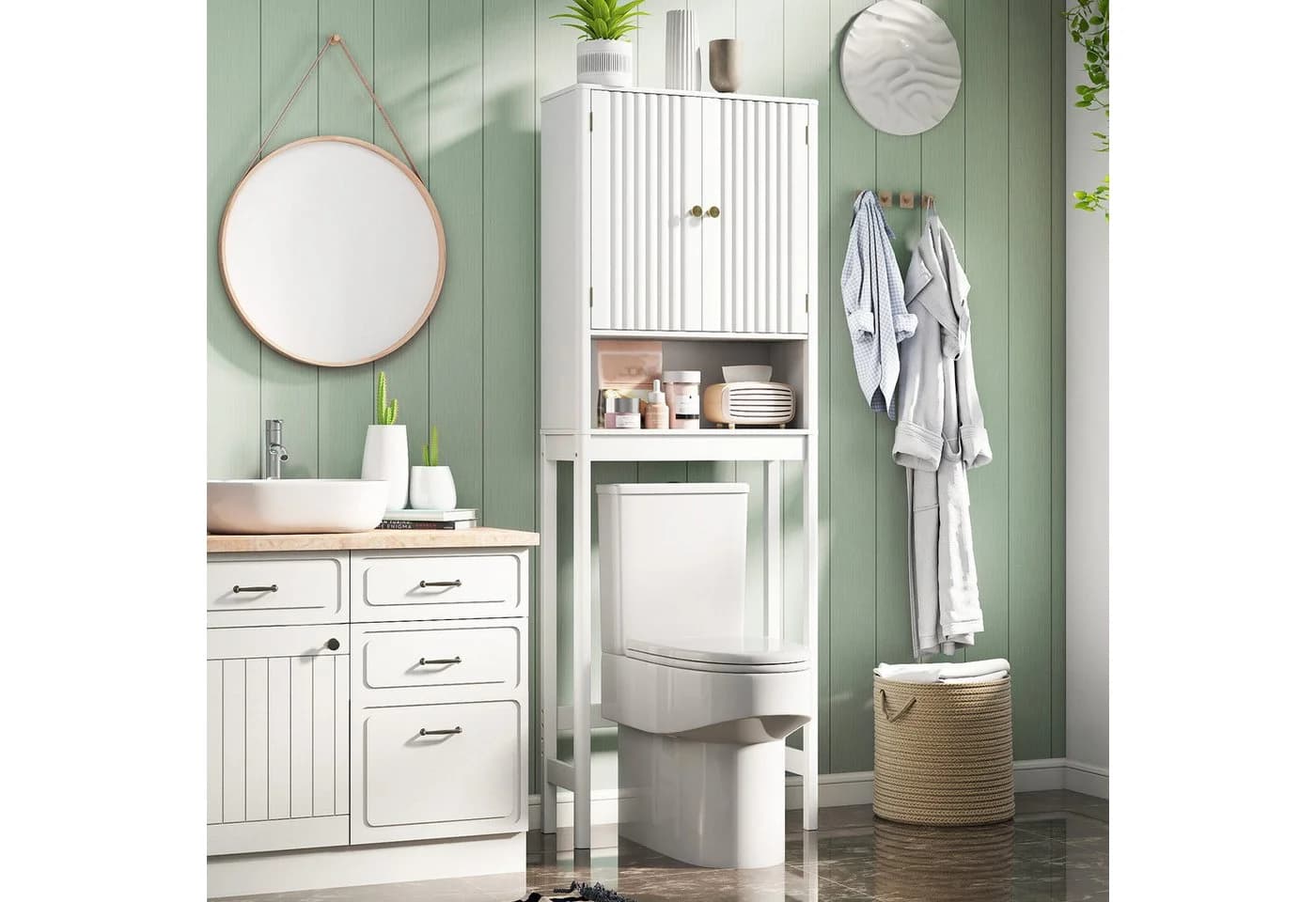 COSTWAY Toilettenschrank Überbauschrank mit Türen Weiß