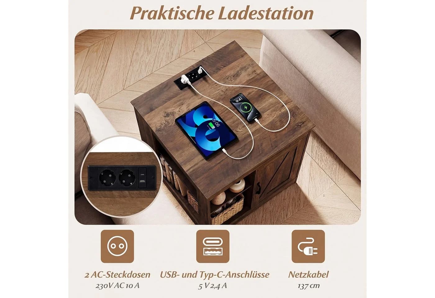 COSTWAY Beistelltisch mit Ladefunktion & verstellbarem Regal - Bild 3