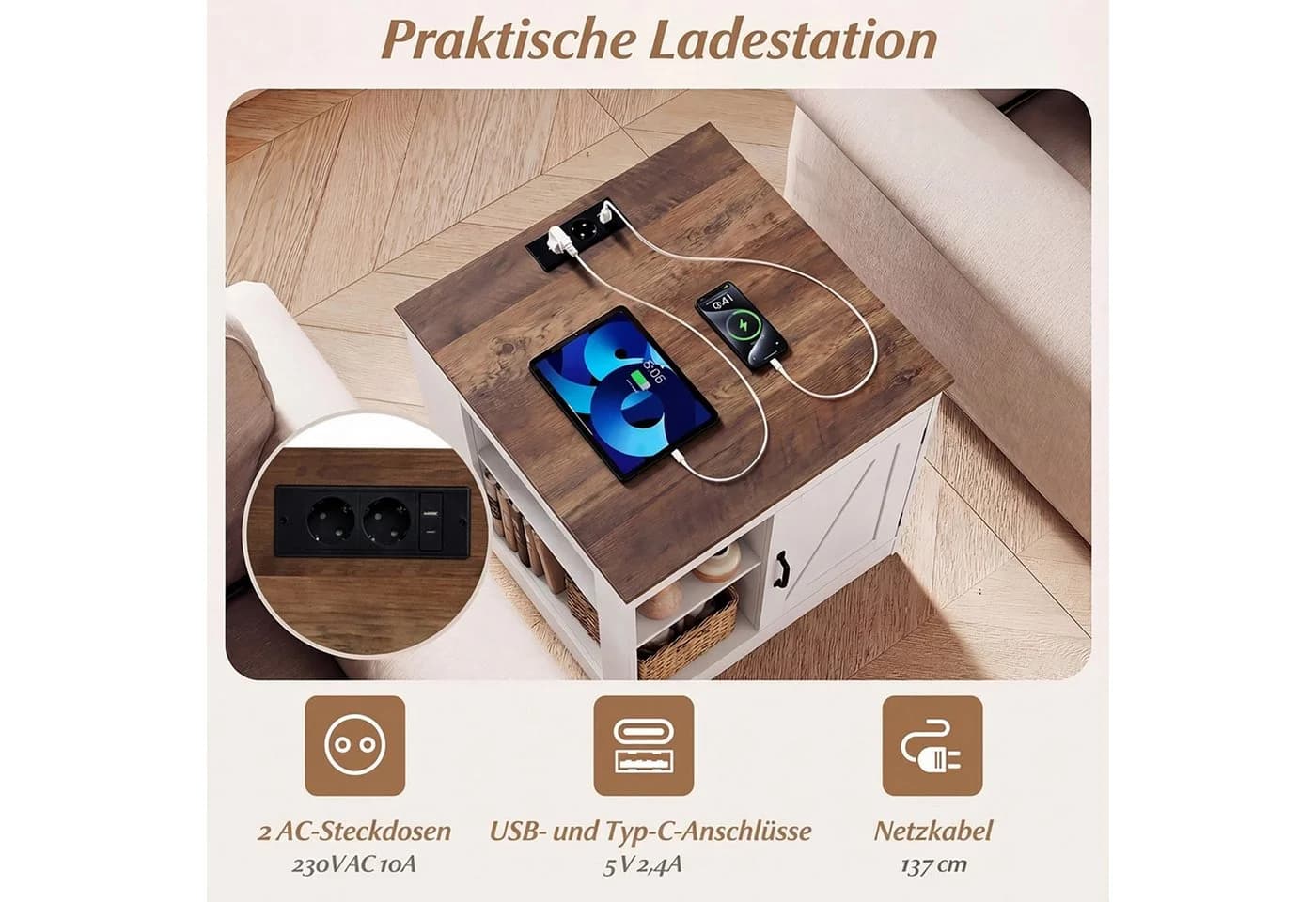 COSTWAY Beistelltisch mit Ladefunktion & verstellbarem Regal - Bild 3