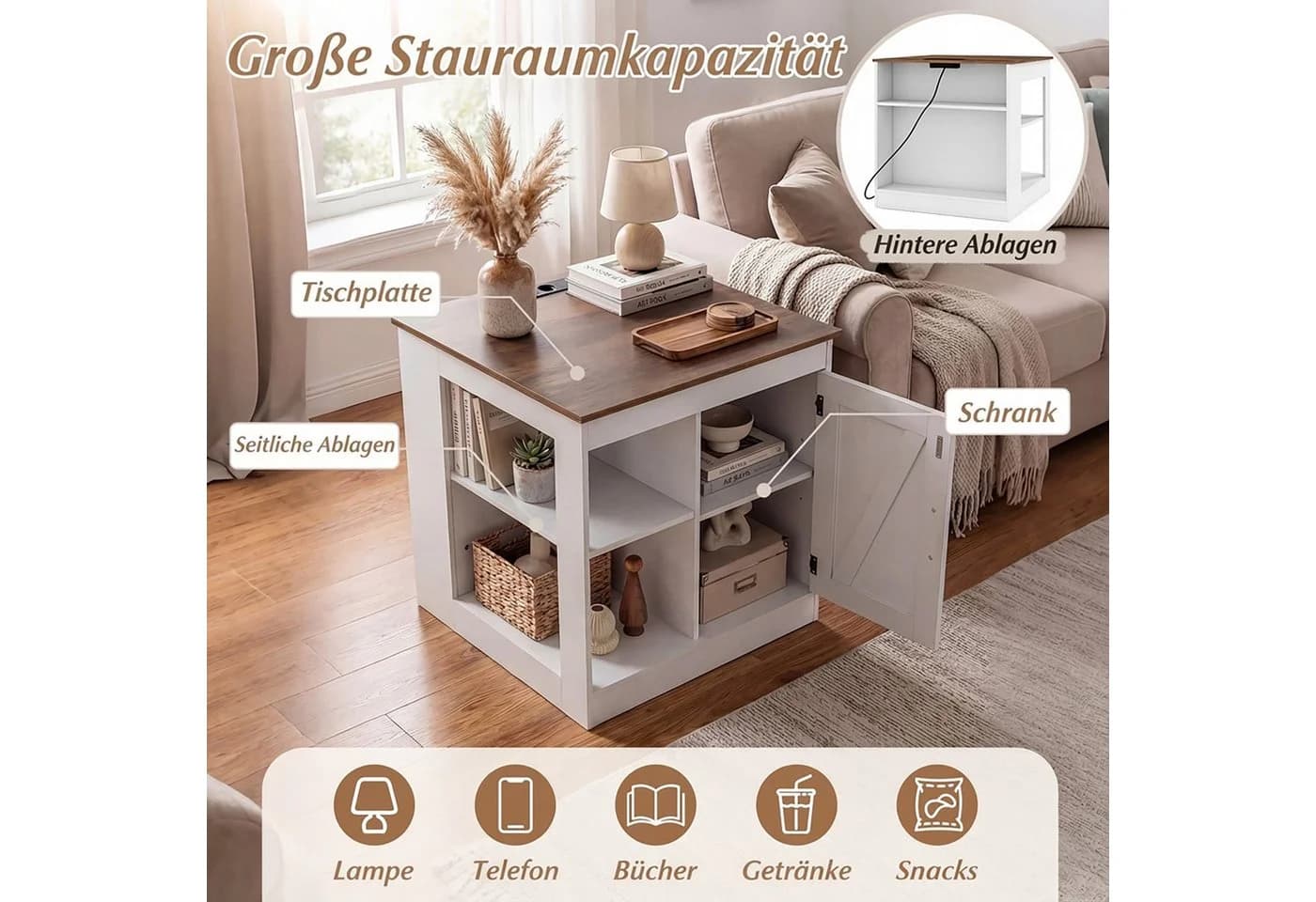COSTWAY Beistelltisch mit Ladefunktion & verstellbarem Regal - Bild 4