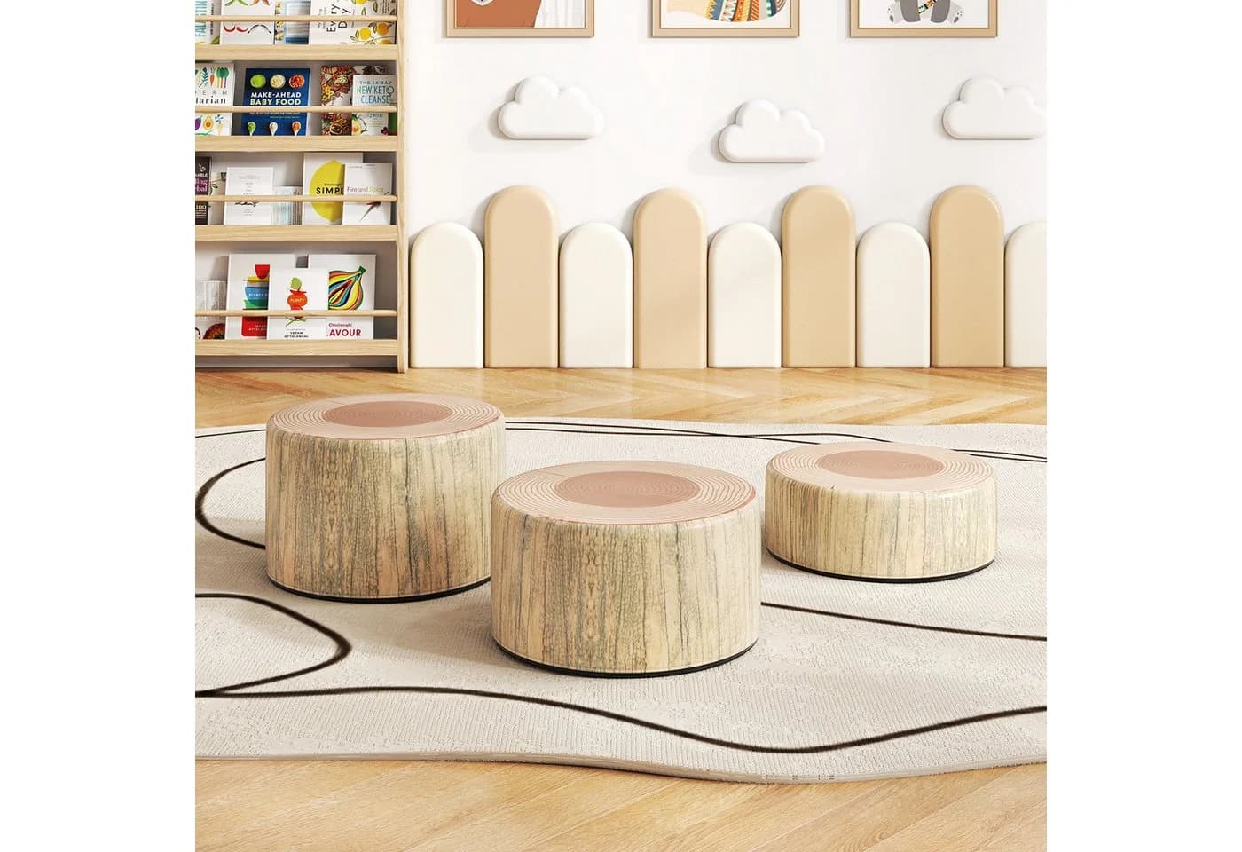 COSTWAY Kindersitzgruppe 3-tlg. Baumstumpf-Hocker Set Beige - Bild 2