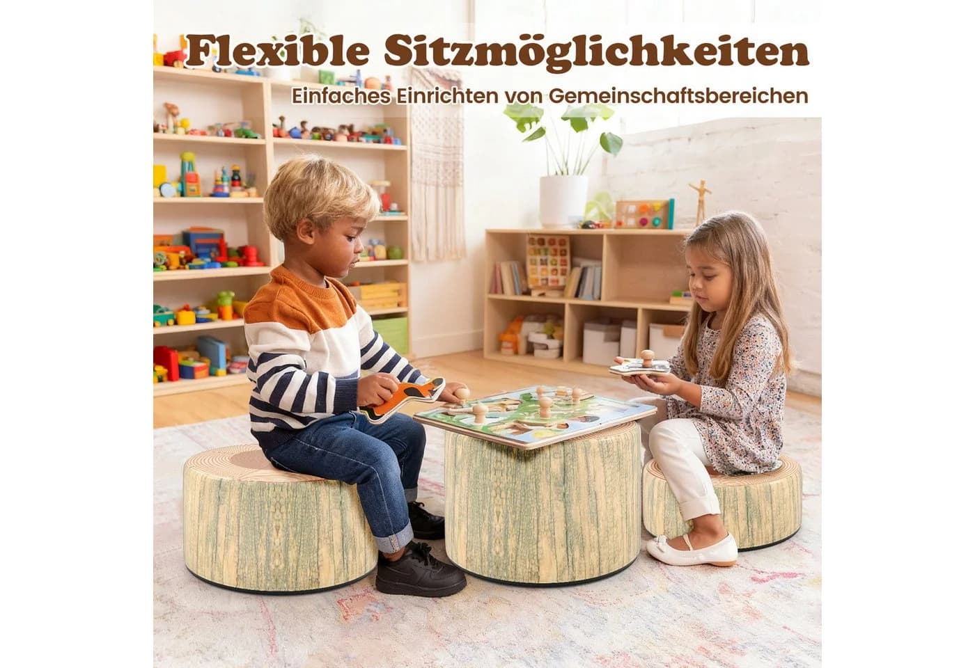 COSTWAY Kindersitzgruppe 3-tlg. Baumstumpf-Hocker Set Beige - Bild 3