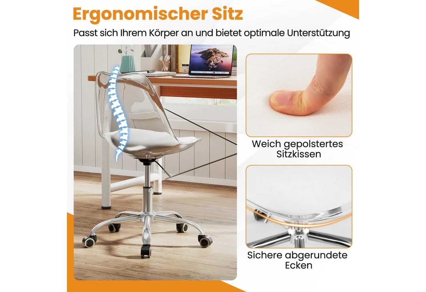 COSTWAY Bürostuhl Klar Weiß Silber Höhenverstellbar - Bild 3