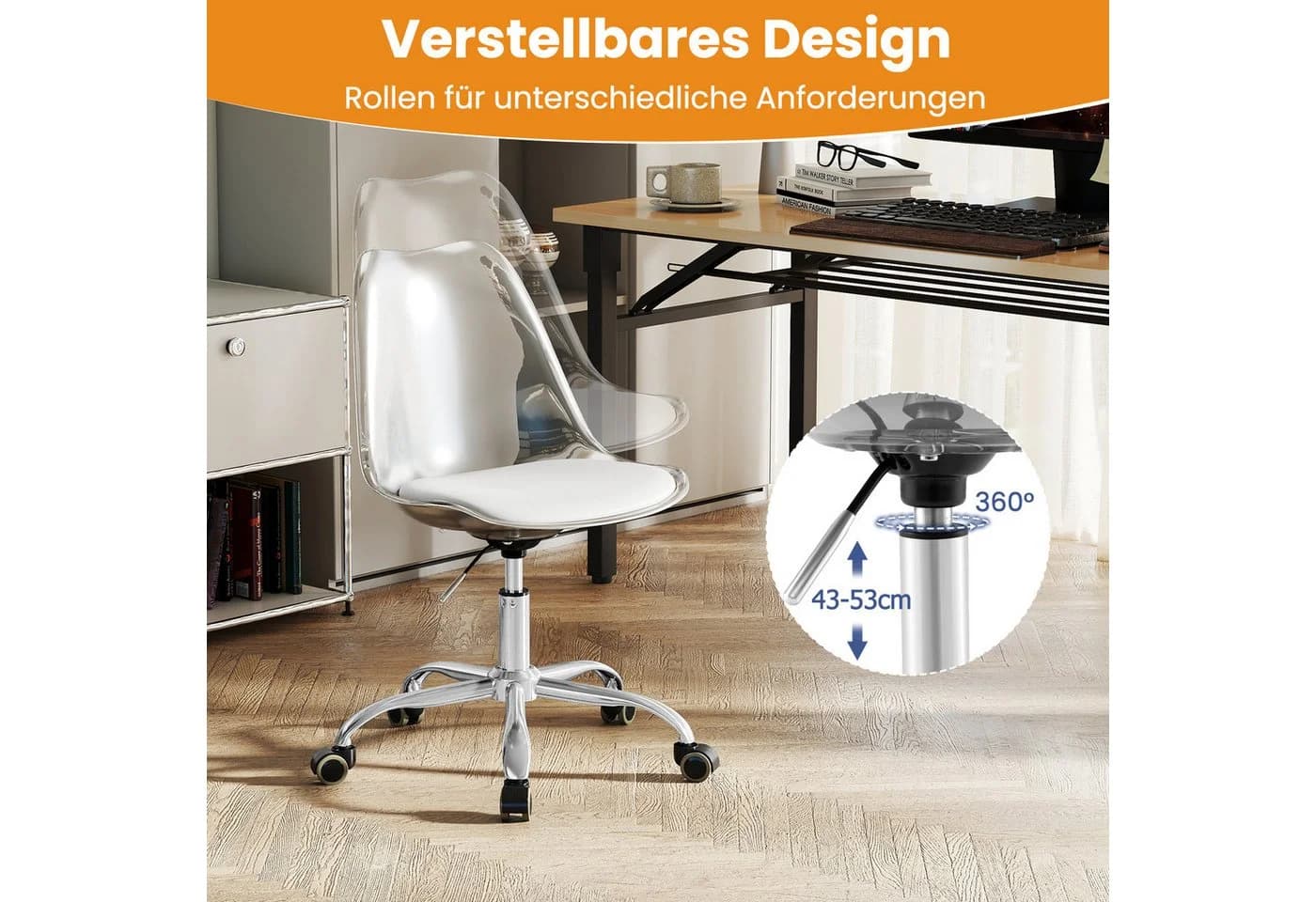 COSTWAY Bürostuhl Klar Weiß Silber Höhenverstellbar - Bild 4