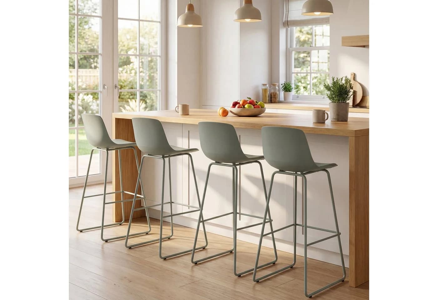 COSTWAY Barhocker 4er Set Grün mit Rückenlehne und Fußstütze