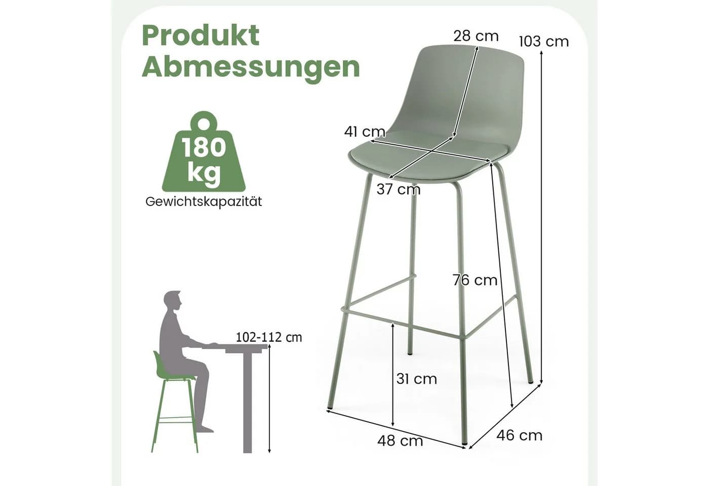 COSTWAY Barhocker 4er Set Grün mit Rückenlehne und Fußstütze - Bild 5