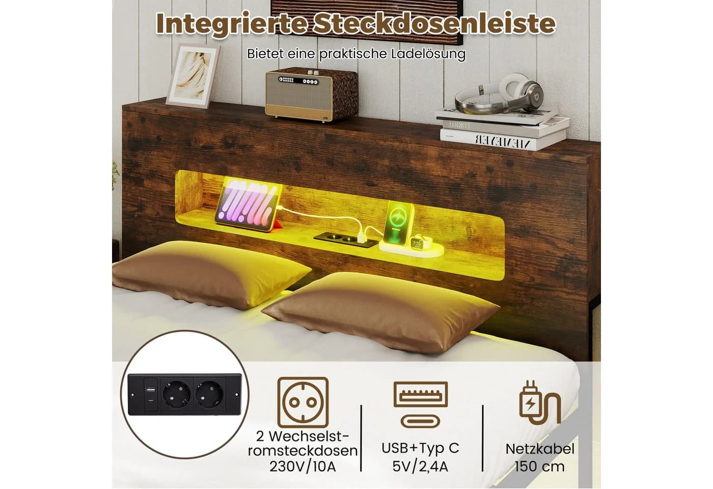 COSTWAY Plattformbett LED-Licht Stauraum-Kopfteil - Bild 5