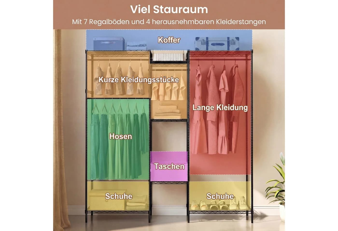 COSTWAY Offener Kleiderschrank Schwarz mit 7 Regalen & 4 Stangen - Bild 4