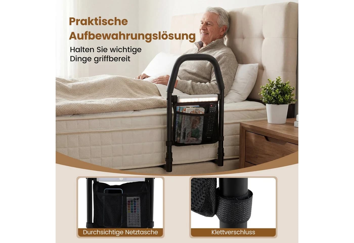 COSTWAY Bett-Aufstehhilfe mit LED-Sensorlicht & Organizer Schwarz - Bild 3