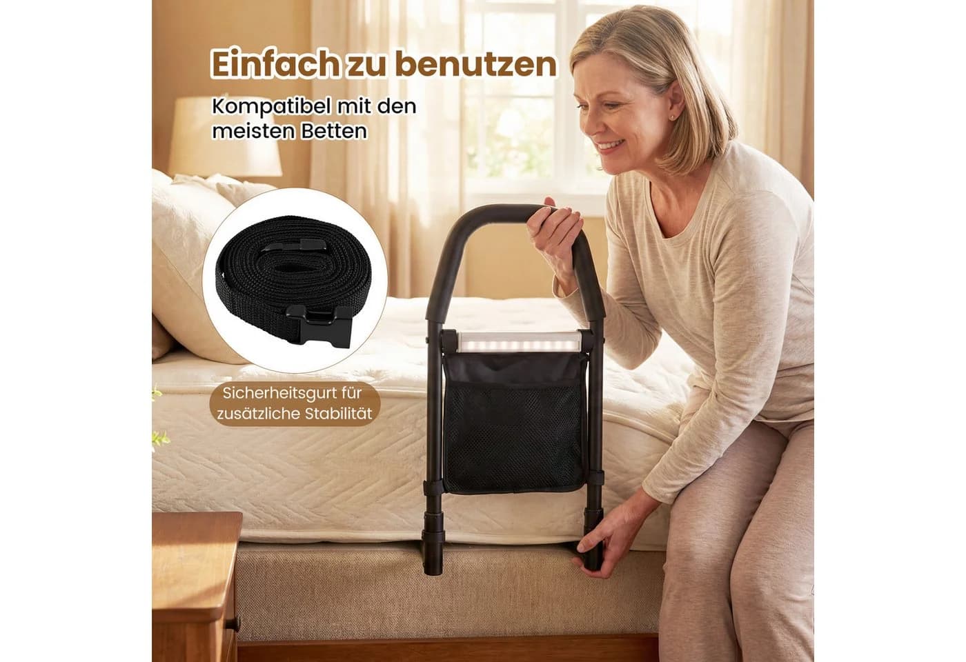 COSTWAY Bett-Aufstehhilfe mit LED-Sensorlicht & Organizer Schwarz - Bild 4