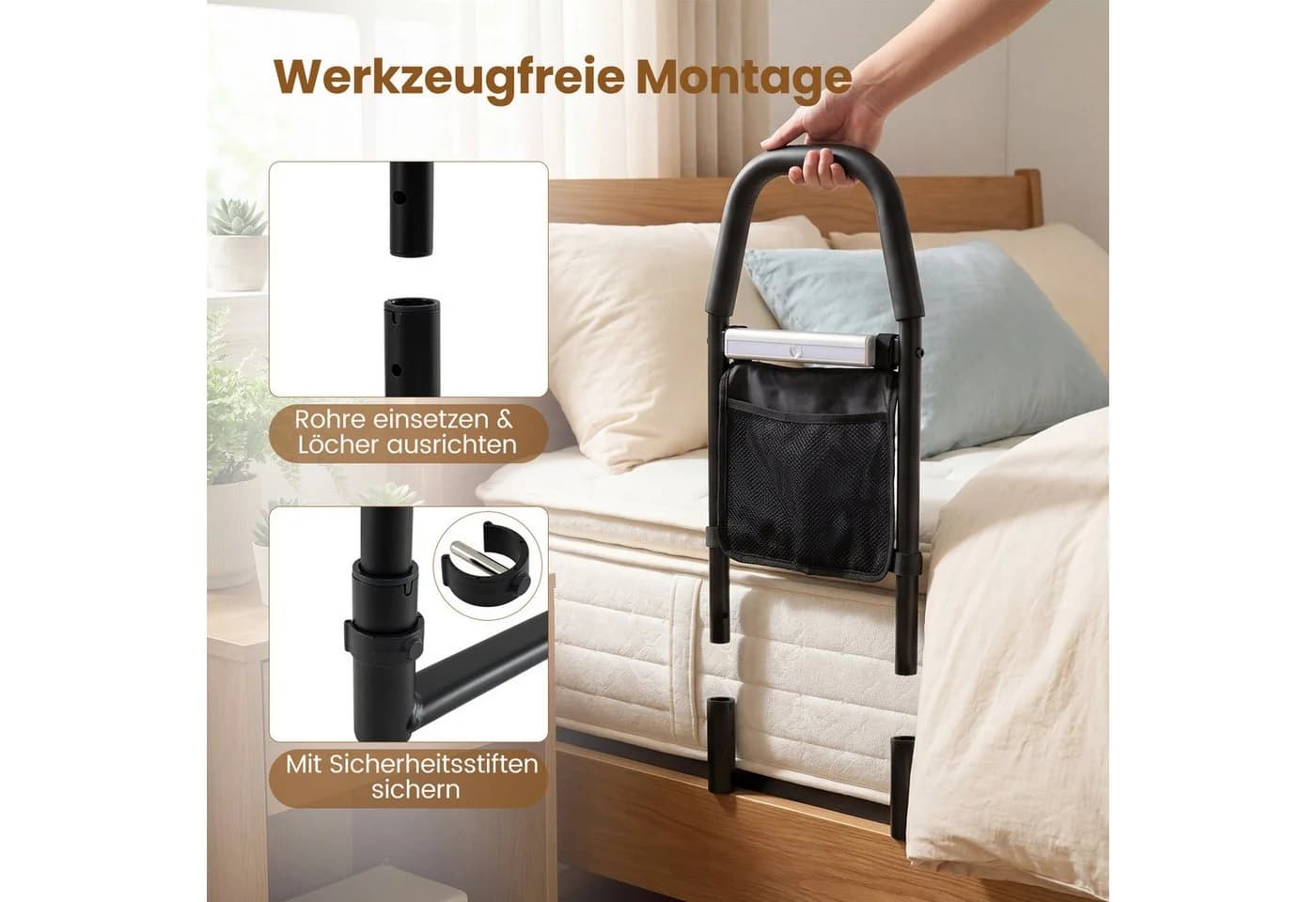 COSTWAY Bett-Aufstehhilfe mit LED-Sensorlicht & Organizer Schwarz - Bild 5
