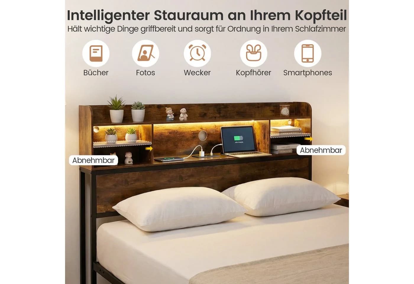 COSTWAY Doppelbett LED-Ladestation Kopfteil 140x200cm