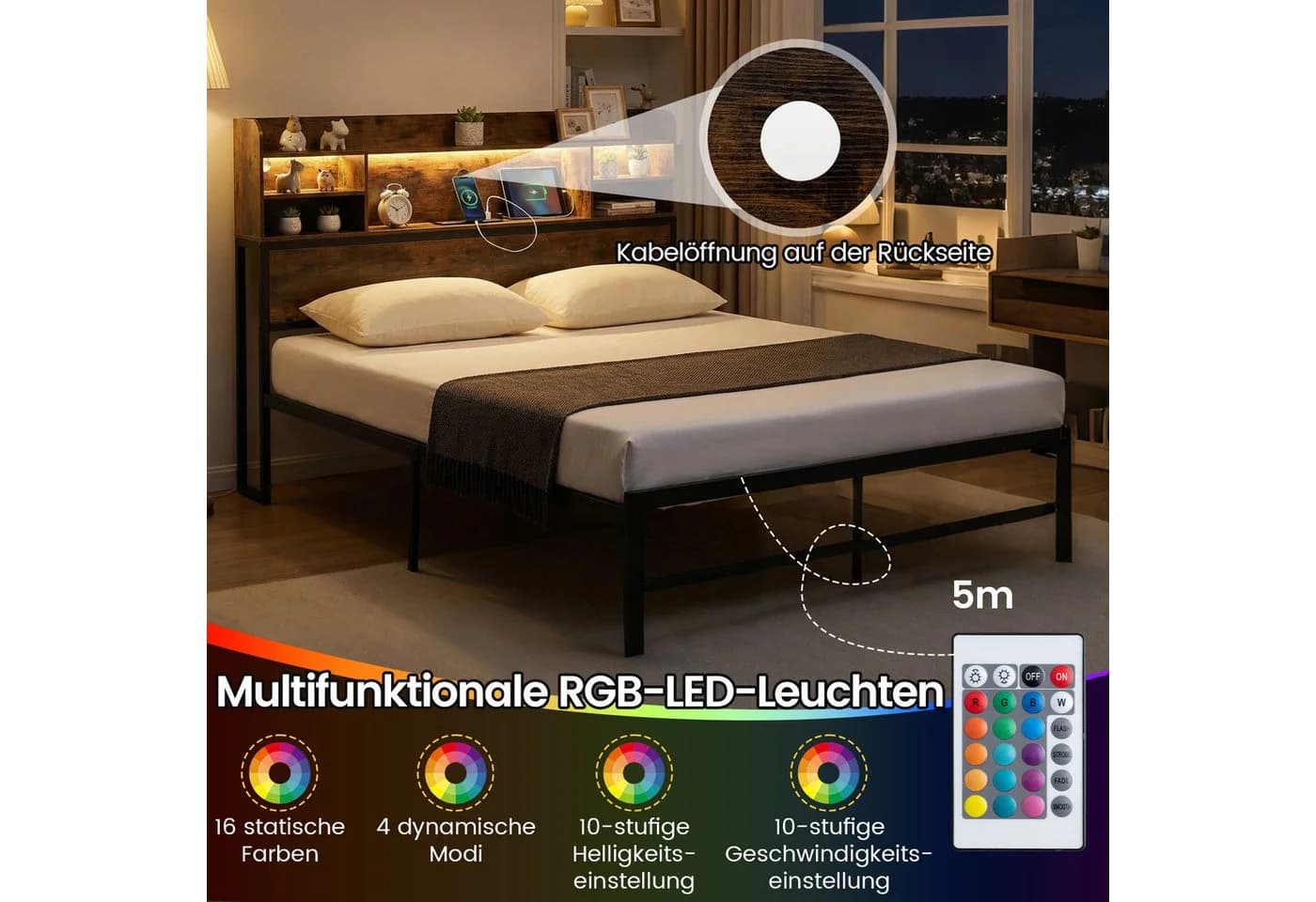 COSTWAY Doppelbett LED-Ladestation Kopfteil 140x200cm - Bild 3
