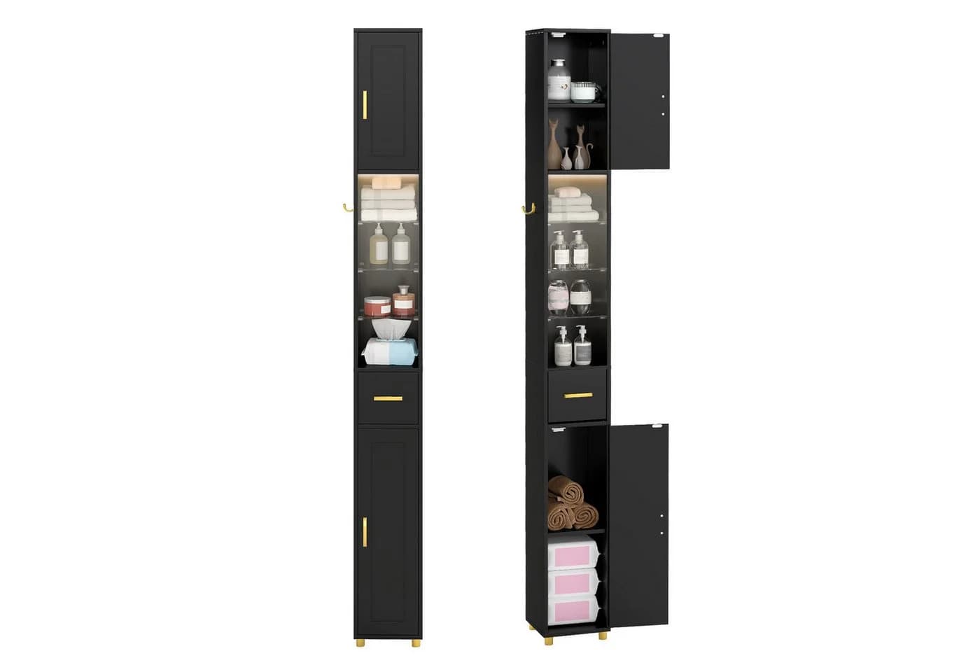 COSTWAY Badkommode Hochschrank mit Beleuchtung schmal Schwarz/Weiß - Bild 2