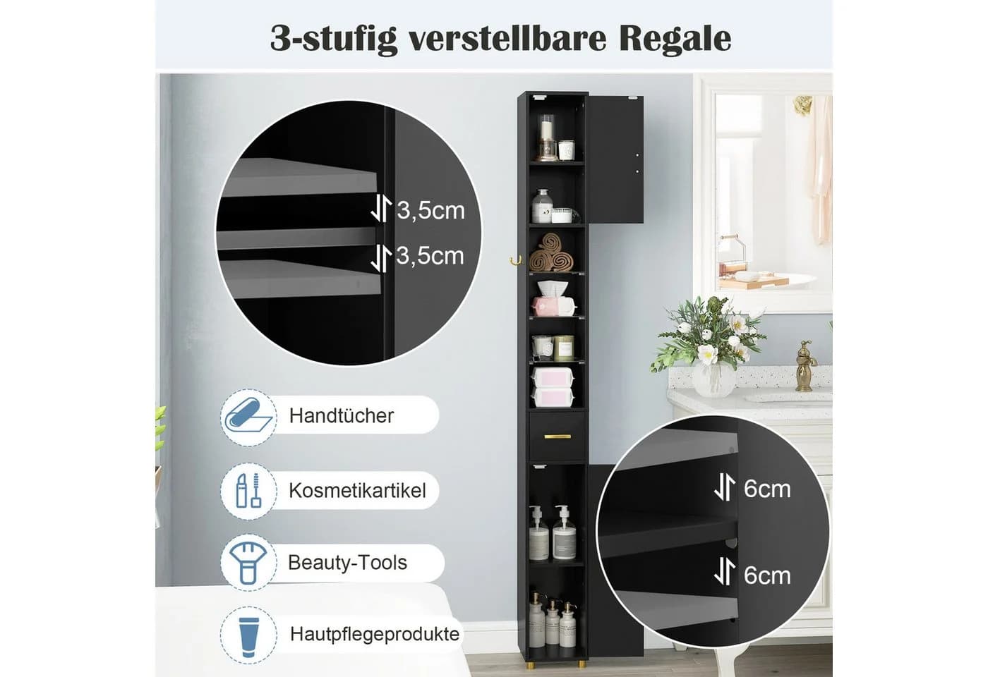 COSTWAY Badkommode Hochschrank mit Beleuchtung schmal Schwarz/Weiß - Bild 4