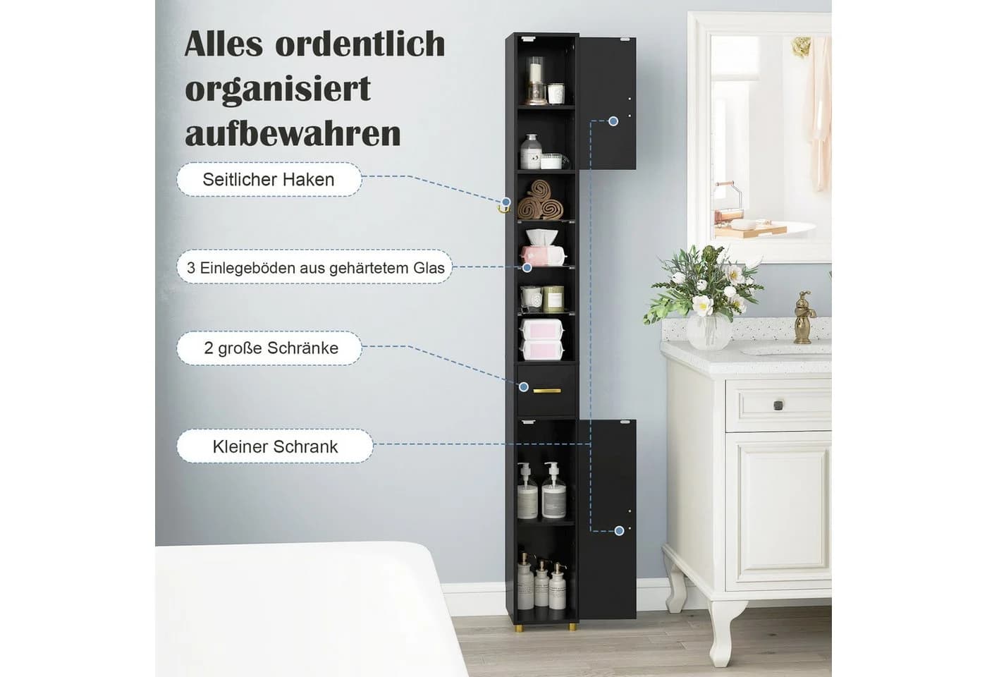 COSTWAY Badkommode Hochschrank mit Beleuchtung schmal Schwarz/Weiß - Bild 5