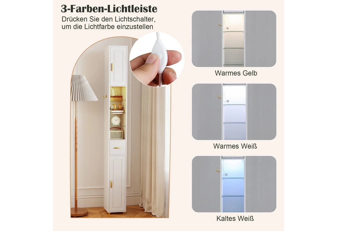 COSTWAY Badkommode Hochschrank mit Beleuchtung schmal - Bild 3