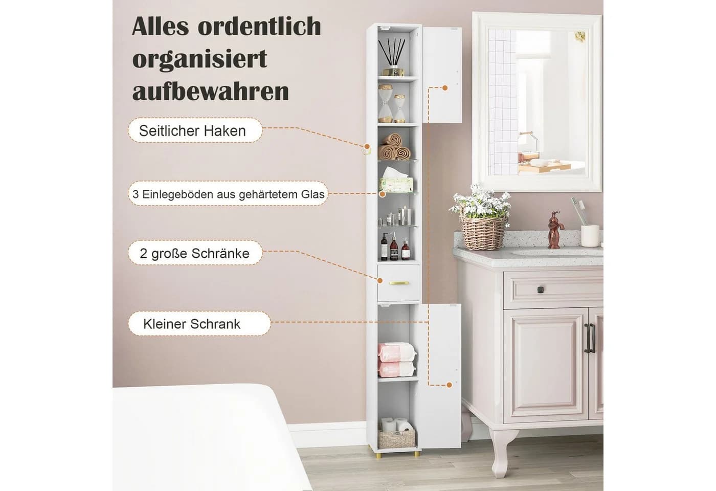 COSTWAY Badkommode Hochschrank mit Beleuchtung schmal - Bild 4