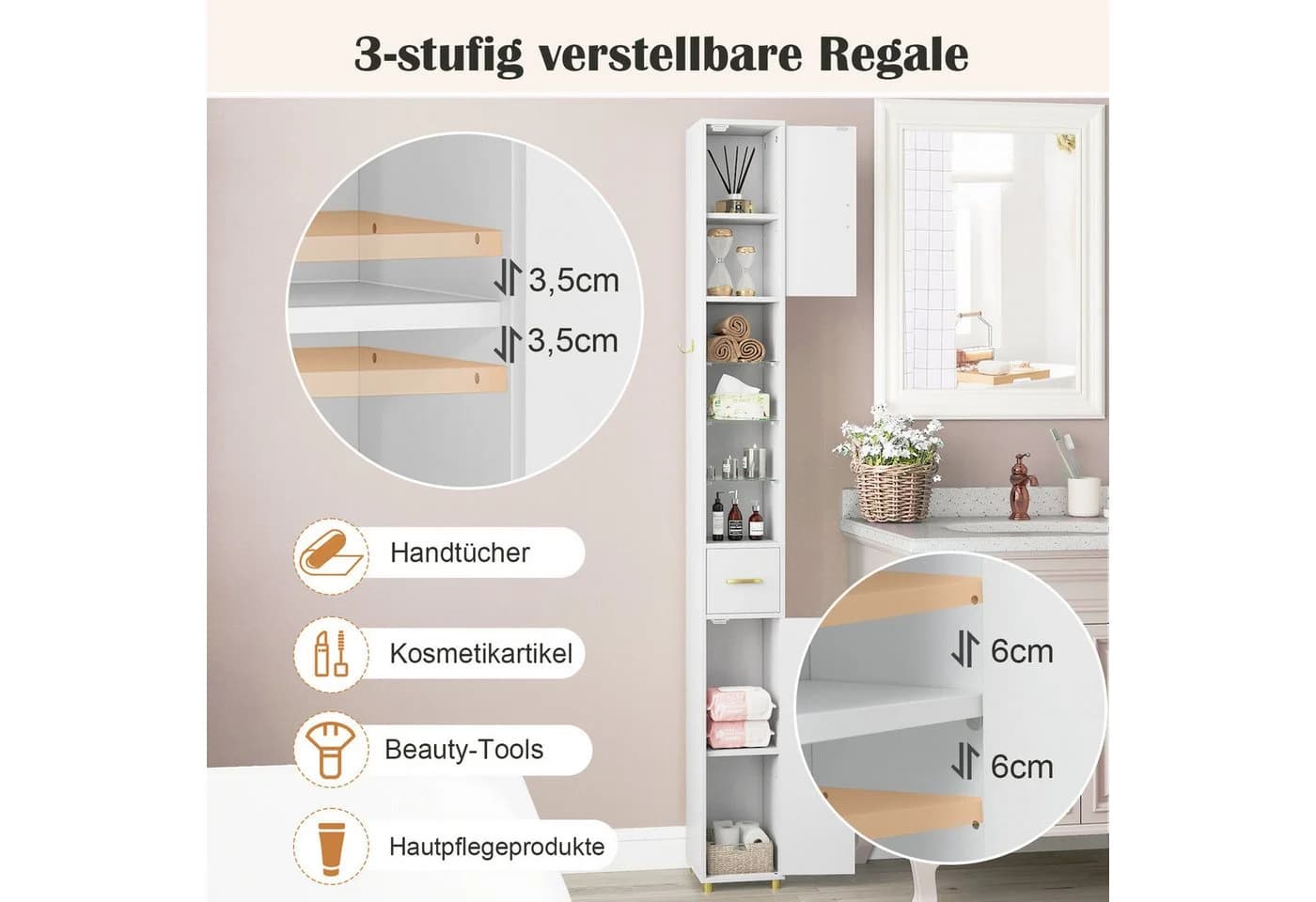 COSTWAY Badkommode Hochschrank mit Beleuchtung schmal - Bild 5