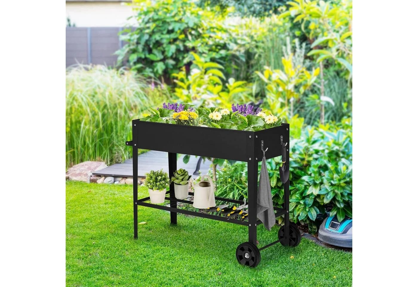 KOMFOTTEU Hochbeet Gartenbeet mit Rollen, Bodenregal & Drainageloch Schwarz/Weiß