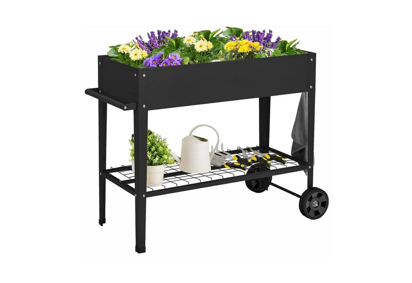 KOMFOTTEU Hochbeet Gartenbeet mit Rollen, Bodenregal & Drainageloch Schwarz/Weiß - Bild 2