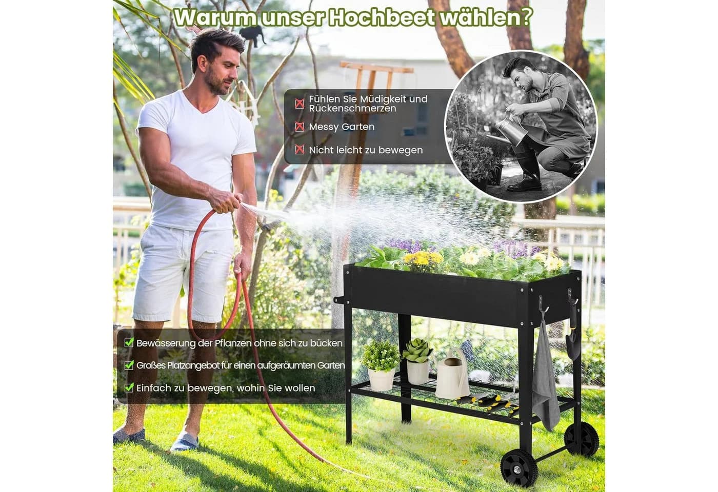 KOMFOTTEU Hochbeet Gartenbeet mit Rollen, Bodenregal & Drainageloch Schwarz/Weiß - Bild 3