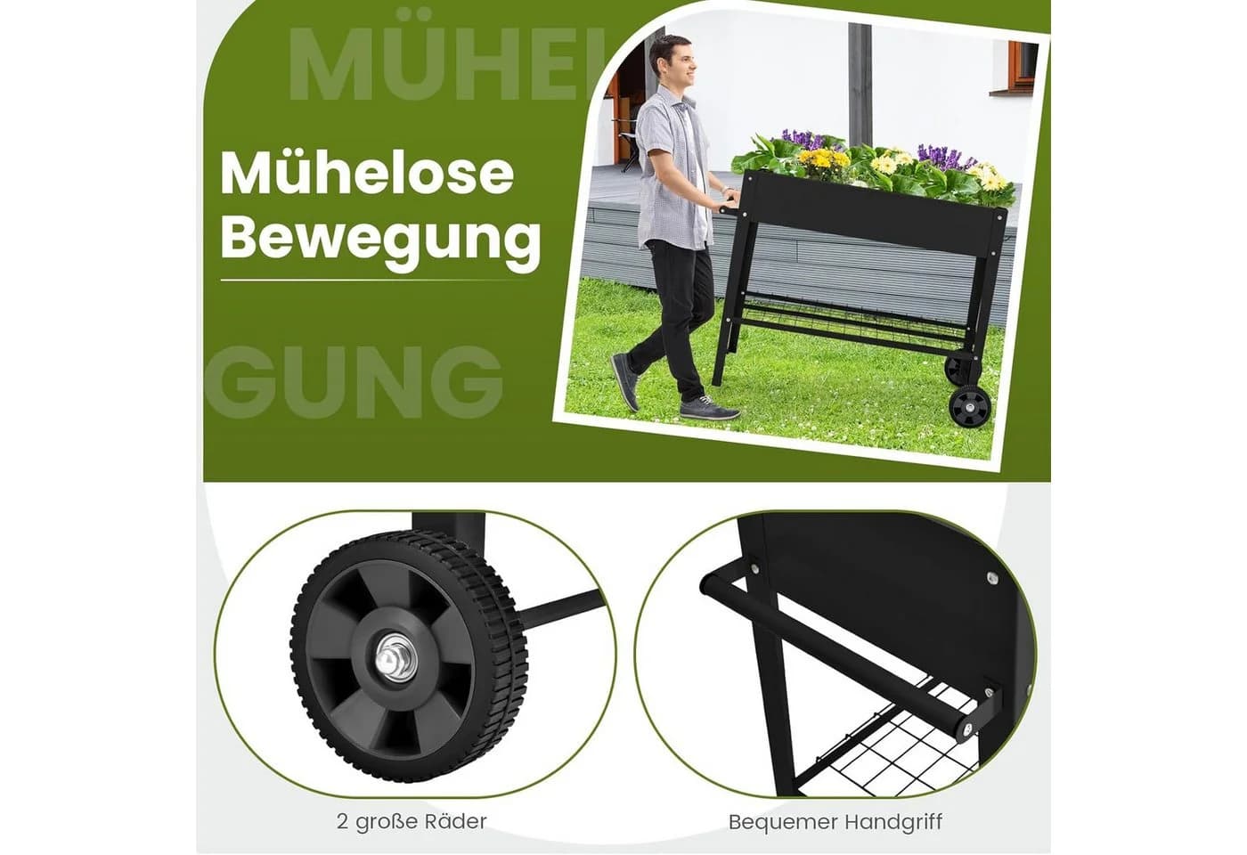 KOMFOTTEU Hochbeet Gartenbeet mit Rollen, Bodenregal & Drainageloch Schwarz/Weiß - Bild 4