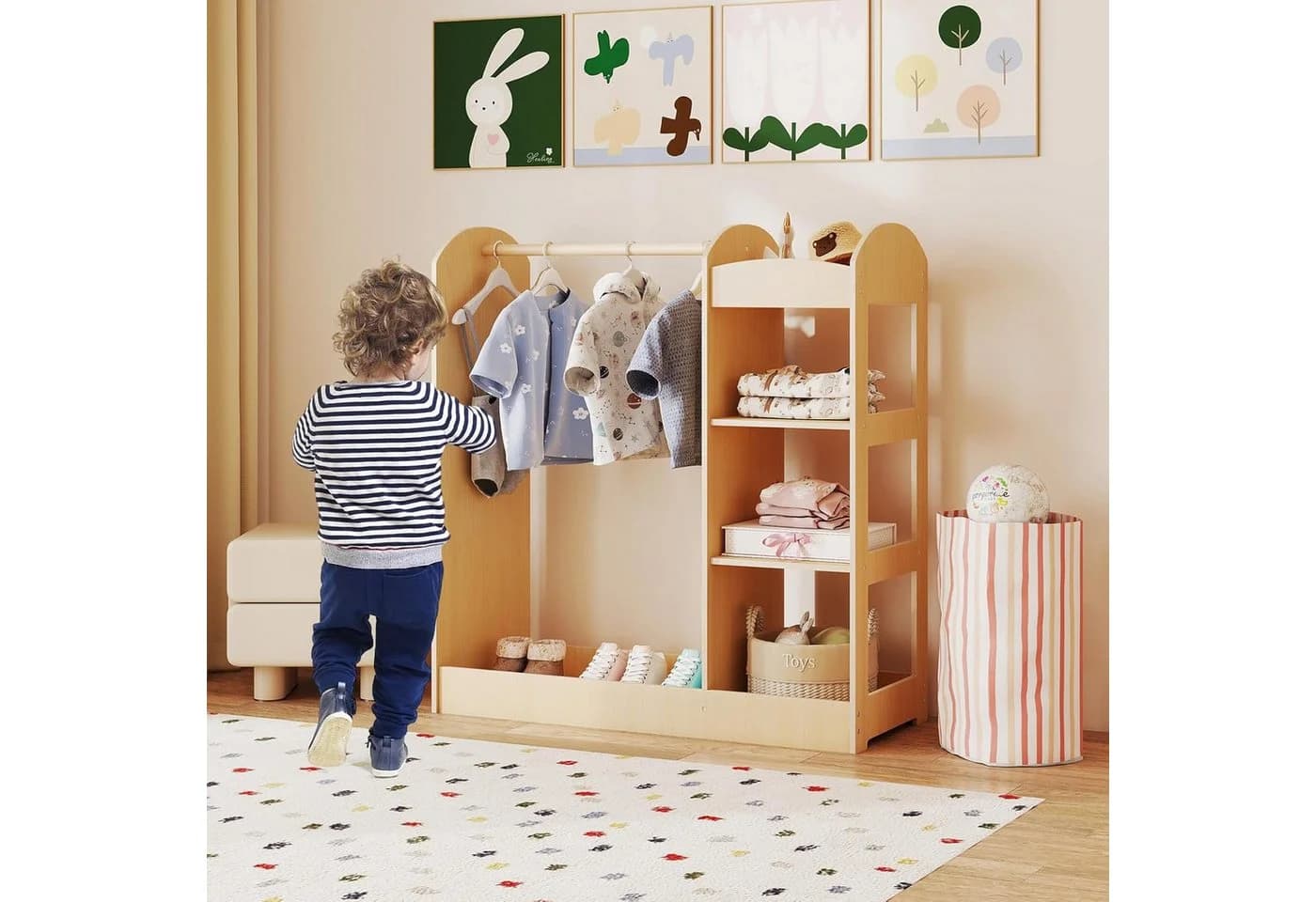KOMFOTTEU Kleiderständer Kindergarderobe mit Spiegel Weiß/Natur