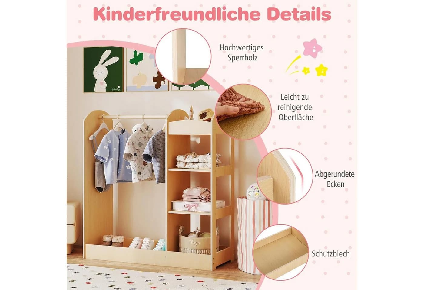 KOMFOTTEU Kleiderständer Kindergarderobe mit Spiegel Weiß/Natur - Bild 4