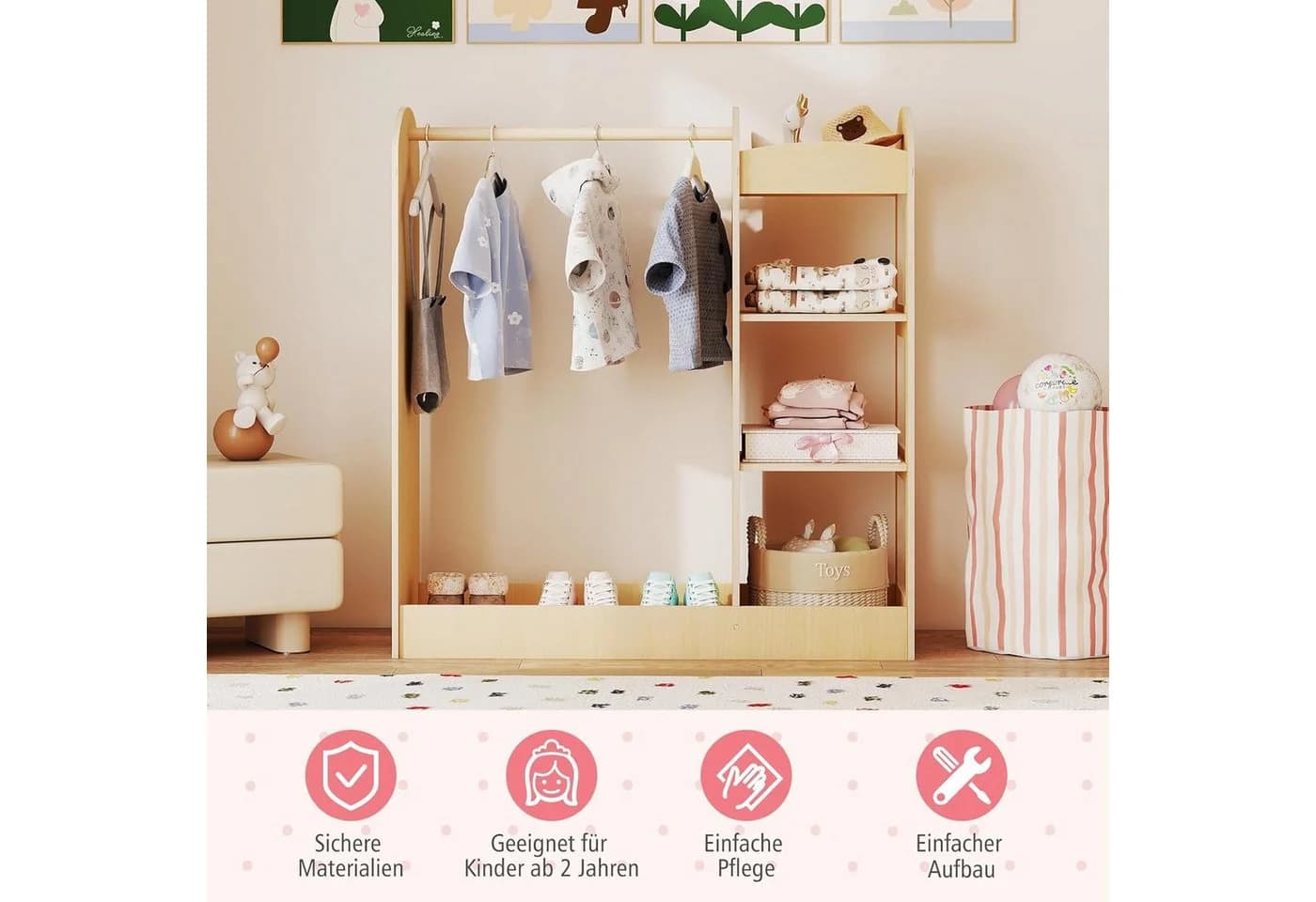 KOMFOTTEU Kleiderständer Kindergarderobe mit Spiegel Weiß/Natur - Bild 5
