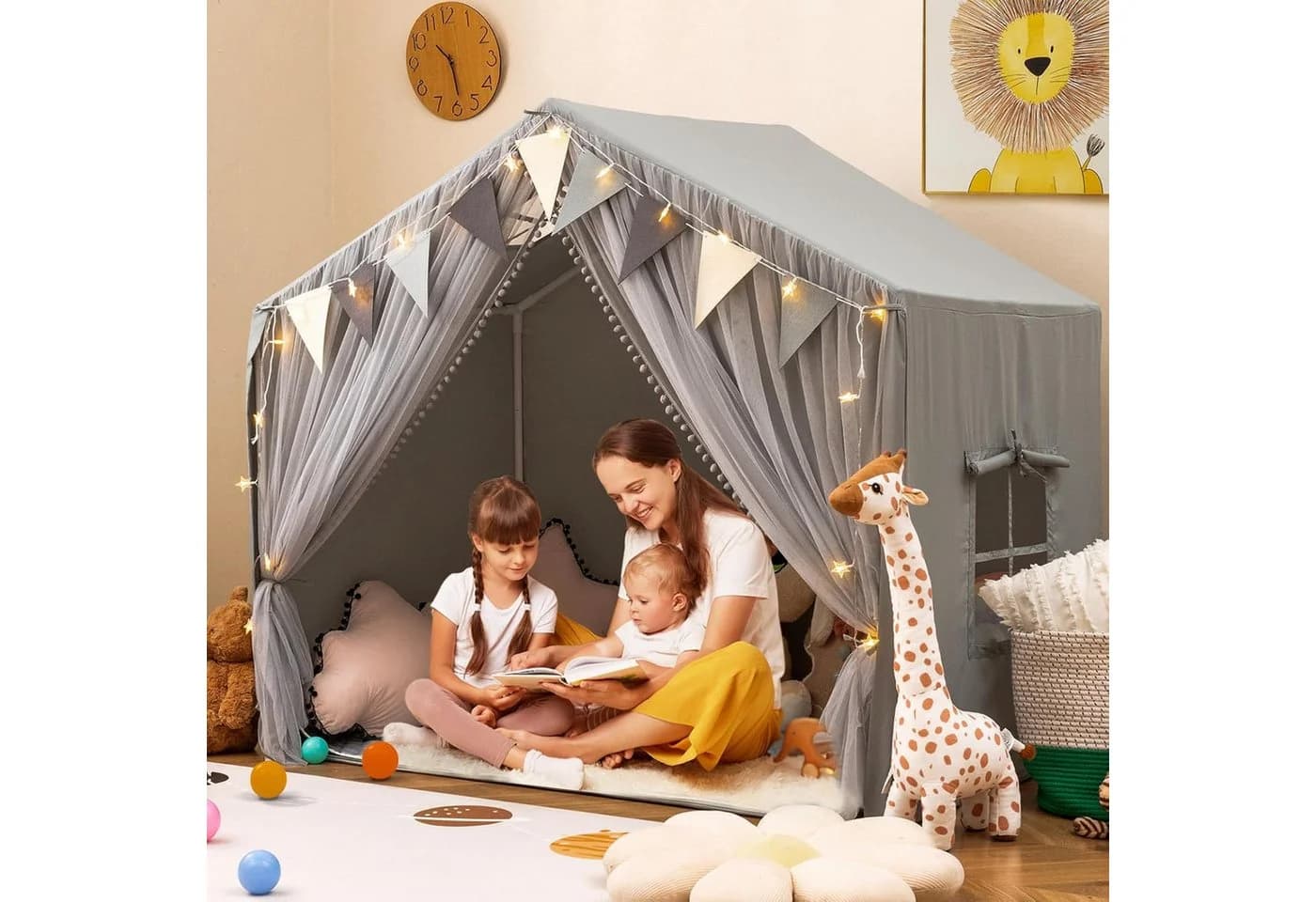 KOMFOTTEU Spielzelt Spielhaus mit Türvorhängen, Fenstern & gepolsterter Matte Beige/Grau/Rosa