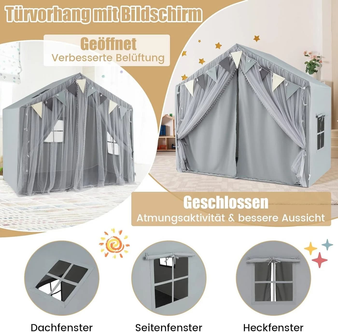 KOMFOTTEU Spielzelt Spielhaus mit Türvorhängen, Fenstern & gepolsterter Matte Beige/Grau/Rosa - Bild 3