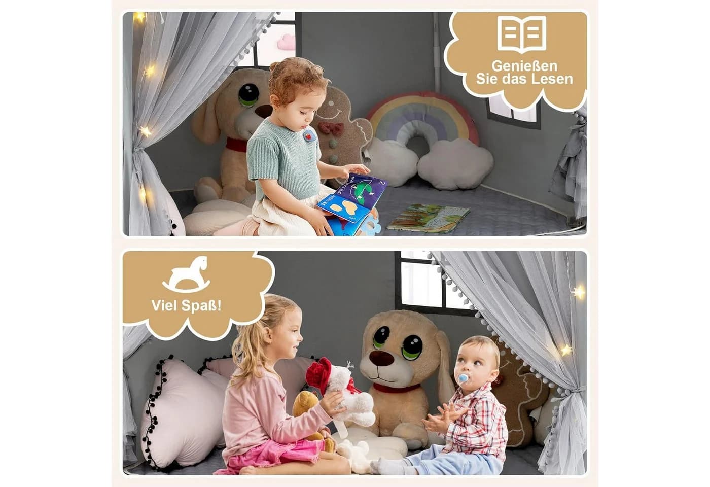 KOMFOTTEU Spielzelt Spielhaus mit Türvorhängen, Fenstern & gepolsterter Matte Beige/Grau/Rosa - Bild 5